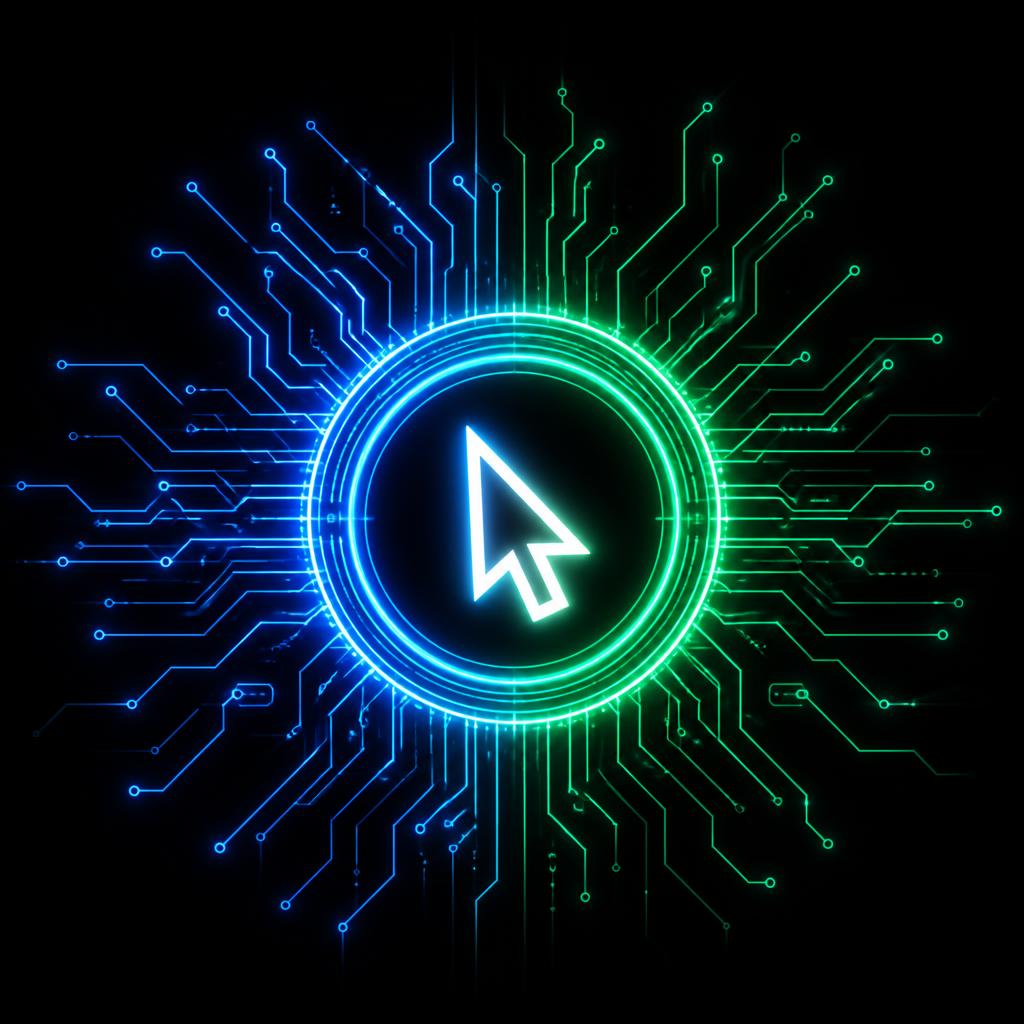 Neon circuit emblem with a cursor at its centre